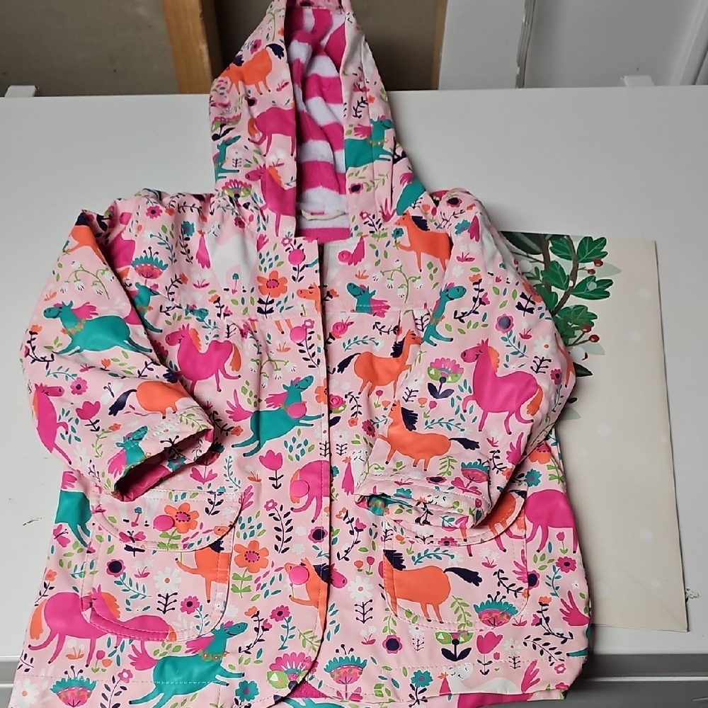 Hatley Toddler Girls 2T Pink Horse Print Hooded Raincoat
